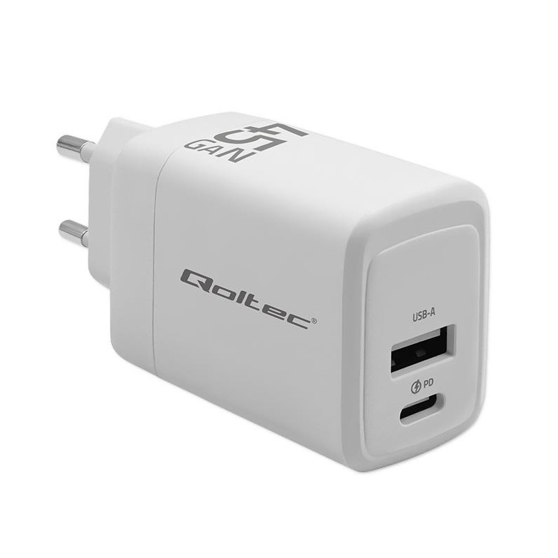 Ładowarka sieciowa 45W GaN | 5-20V | 1.5-3A | 1xUSB-C PD | 1xUSB QC 3.0 | Biała