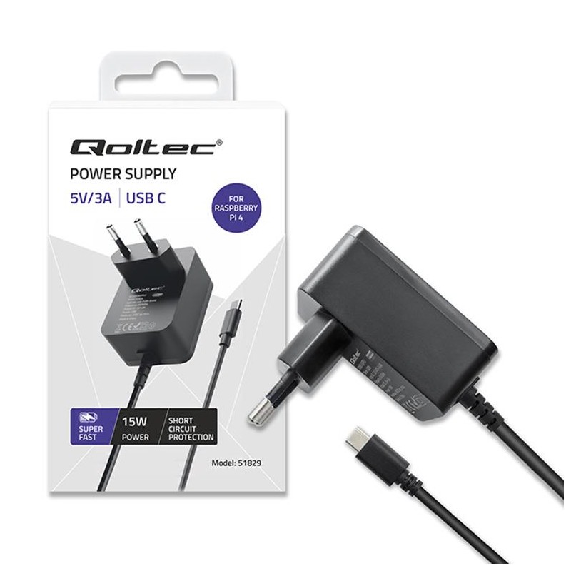 Ładowarka Super FAST PD for Raspberry PI 4 | USB-C | 15W | 5V | 3A | Czarna