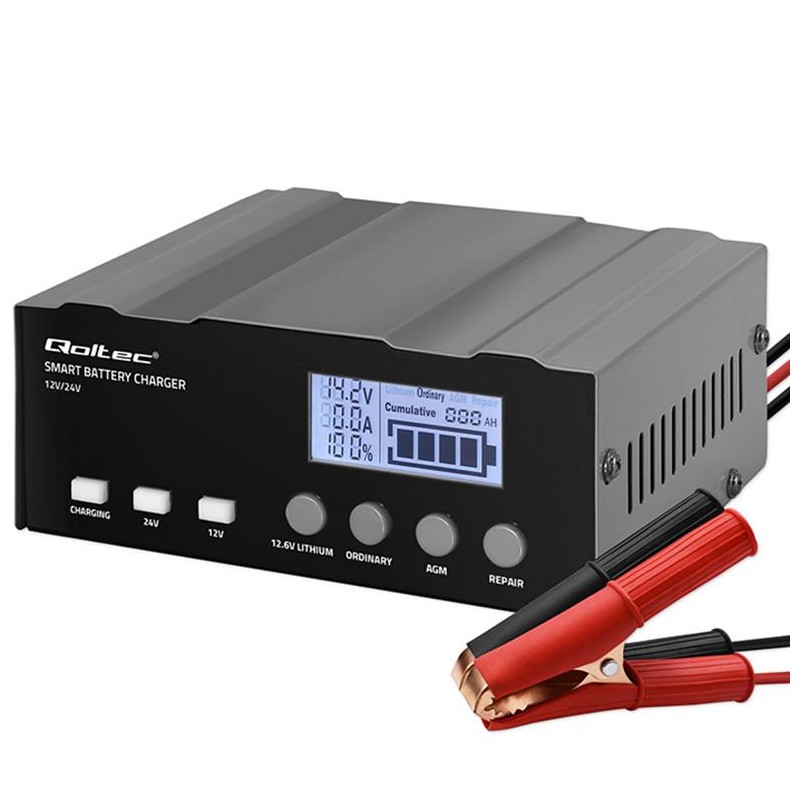 Inteligentna mikroprocesorowa ładowarka 12V | 12.6V | 24V |Prostownik z funkcją naprawy do akumulatora AGM GEL LiFePO4 | LCD