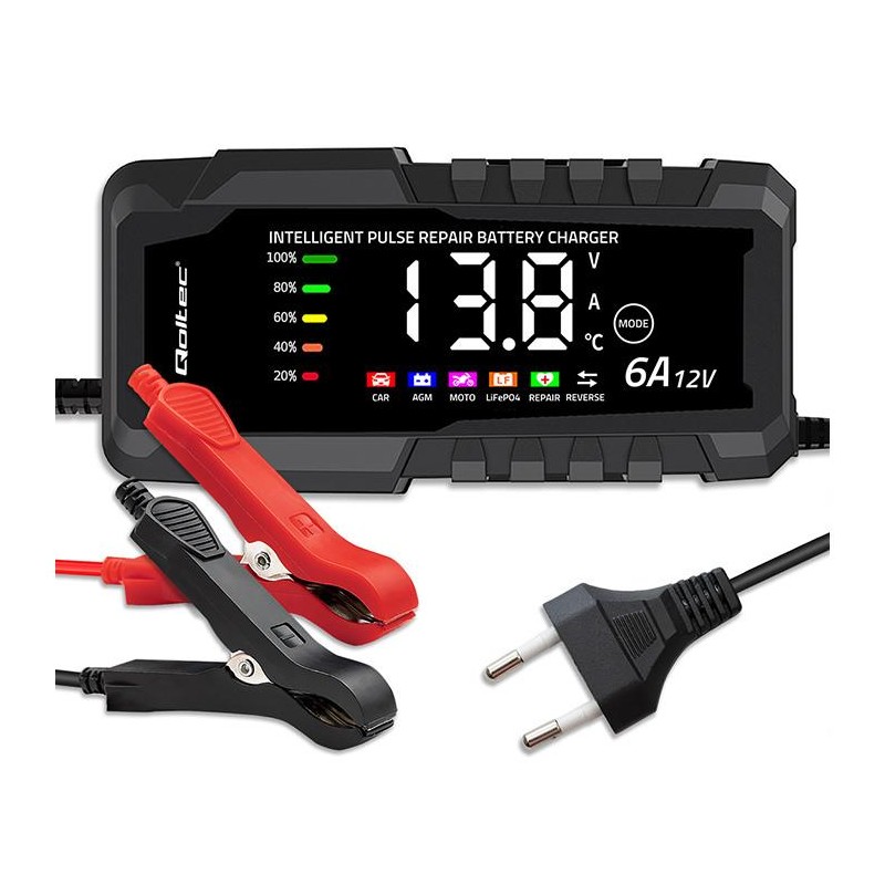Mikroprocesorowa ładowarka 12V 6A | Prostownik z funkcją naprawy do akumulatora AGM GEL LiFePO4 | LCD