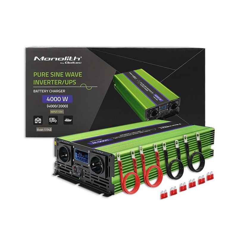 Przetwornica napięcia Monolith | ładowanie baterii | UPS | 2000W | 4000W | 12V na 230V | Czysty Sinus | LCD