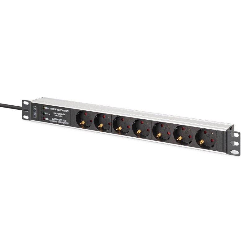 Listwa zasilająca PDU Rack 19" z zabezpieczeniem przeciwprzepięciowym + filtr EMI/RFI, 7 gniazd Schuko CEE 7/3, kabel 2m, wtyk Unischuko CEE 7/7, 16A,