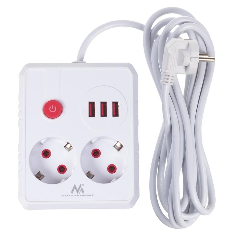 Listwa zasilająca, MCE388 W 2 gniazda, 3xUSB, 110-240V AC 50/60Hz, 2.1A max 2500W, 3m biała