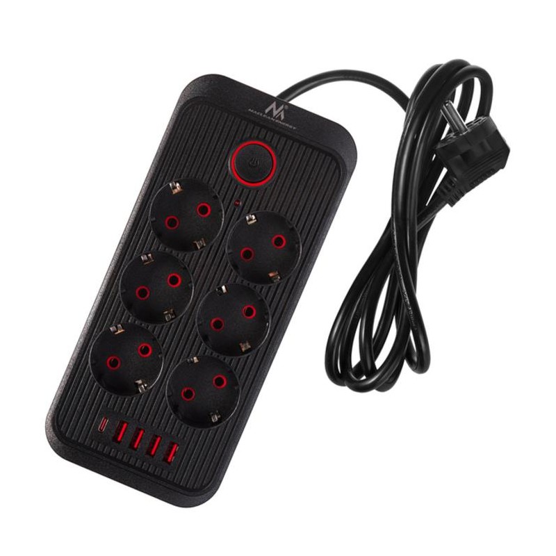 Listwa zasilająca MCE389 B 6 gniazd 4xUSB-A, 1xUSB-C 110-240V AC 50/60Hz, 2.1A max 2500W, czarna
