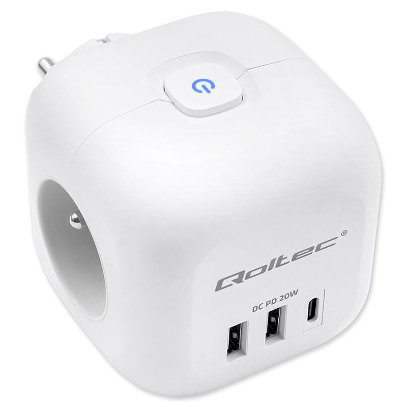 Kostka zasilająca przedłużacz 6w1 z podświetlanym włącznikiem | 3x AC | 2x USB | 1x USB-C PD 20W | biała