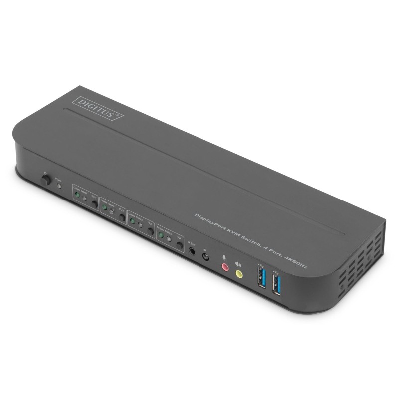 Przełącznik KVM, 4 portowy, 4K 60Hz, 4x DP IN, 1x DP OUT, 1x HDMI OUT, 2x USB A, 1x Audio IN&OUT