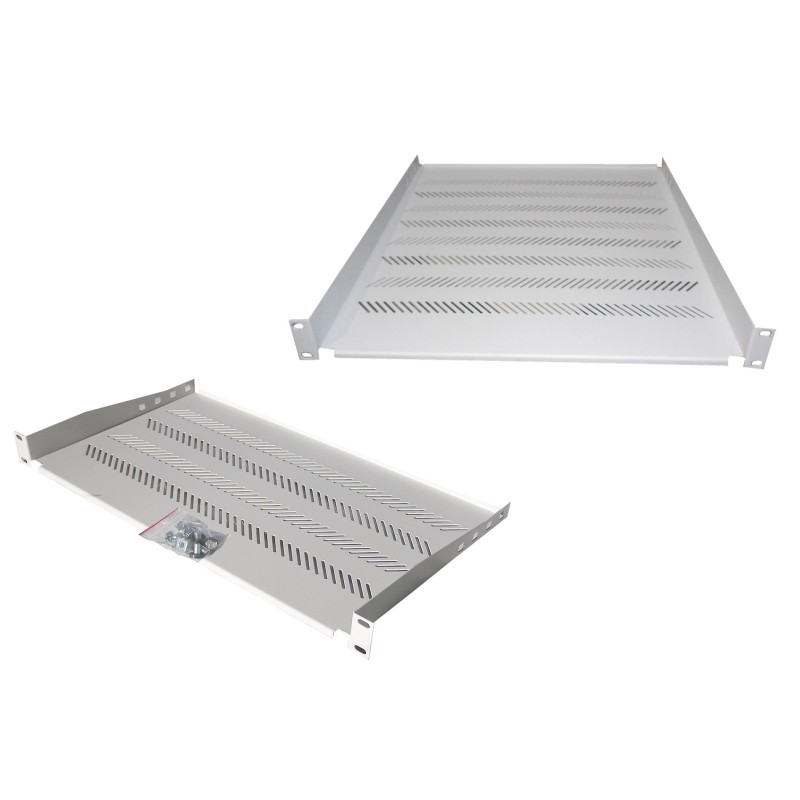 Półka do szaf 450mm 19", 1U, nośność 25 kg, mocowanie w 4 punktach, szara, śruby i uchwyt w kpl.