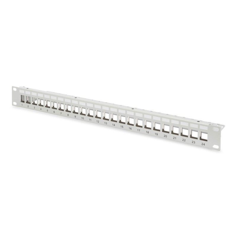 Panel krosowy (patch panel) modularny 19" 24 porty pod moduły keystone, 1U, ekranowany, prowadnica kabli, pola opisowe, szary