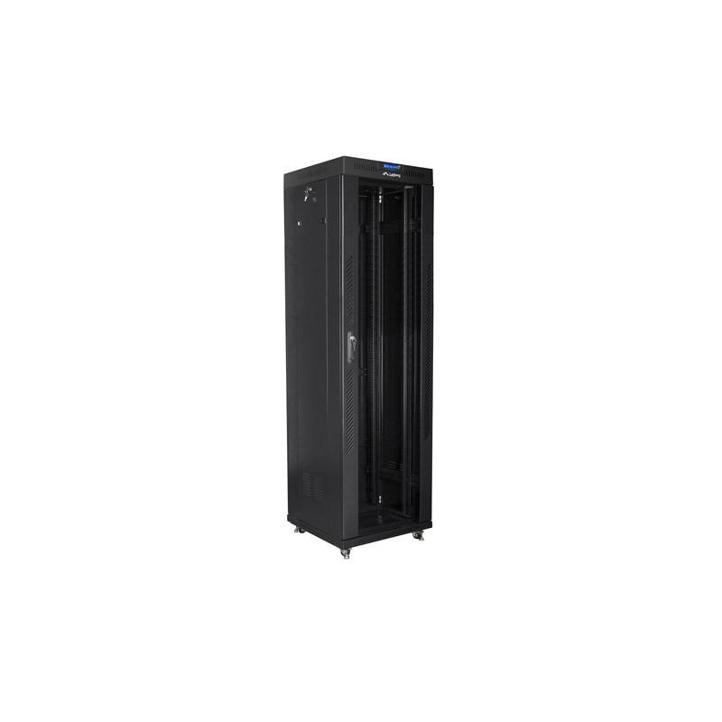 Szafa instalacyjna rack stojąca 19 42u 600x600 czarna, drzwi szklane lcd (Flat pack)