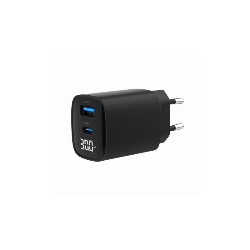 Ładowarka GaN 1xUSB-A 1xUSB-C LCD 30W PD QC3.0 czarna
