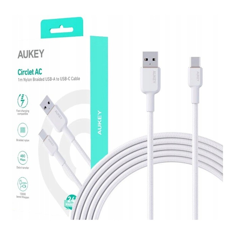 CB-NAC1 kabel USB-C - USB-A 1m 60W PD 3A 20V nylonowy oplot biały