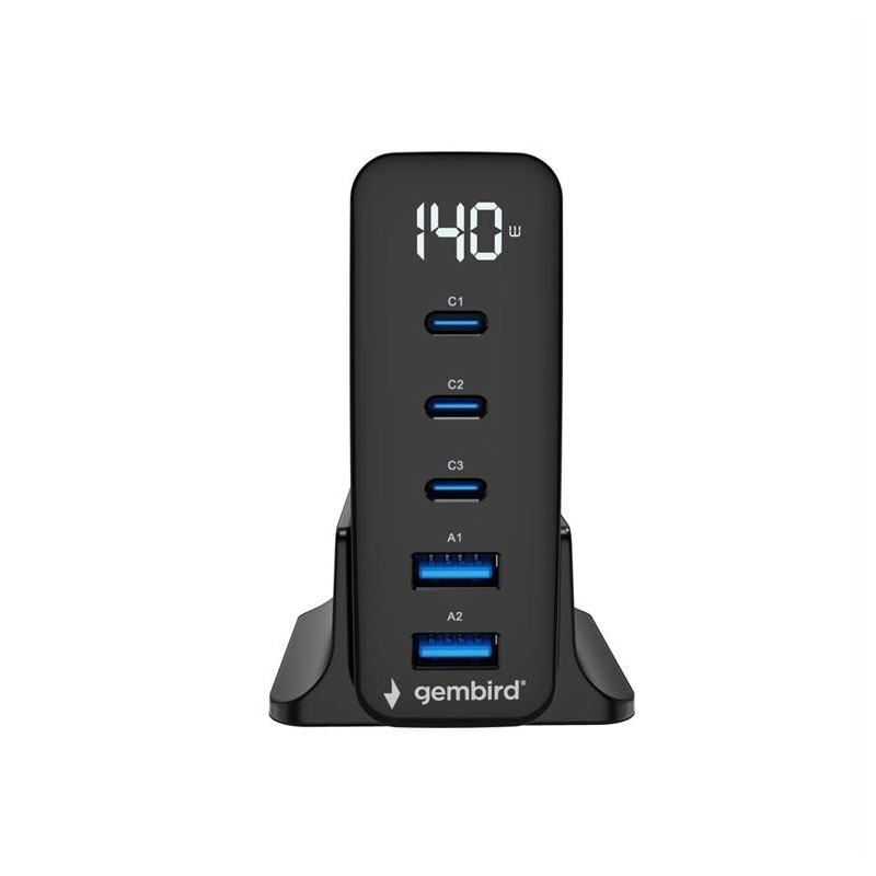 Ładowarka uniwersalna GaN 140W LCD 3xUSB-C 2xUSB-A czarna