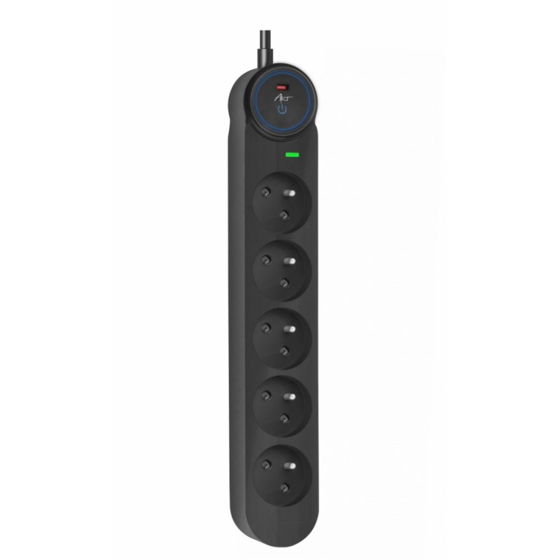 Urządzenie zabezpieczenie przeciw przepięciowe SPD/przeciążeniowe F2100 z wyłącznikiem 5gniazd1-16A-czarny-1,5m-3x1,5mm2