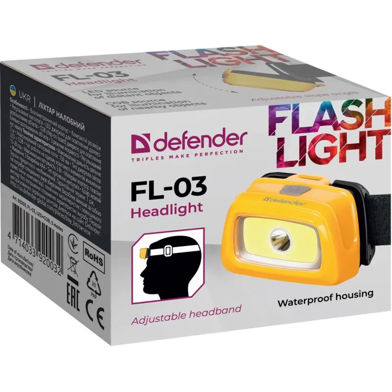 Latarka Defender FL-03, LED + COB, 3 tryby, czołowa