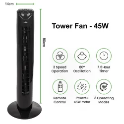 Wentylator kolumnowy GreenBlue GB645 45W z 3 poziomami siły nawiewu, 82cm