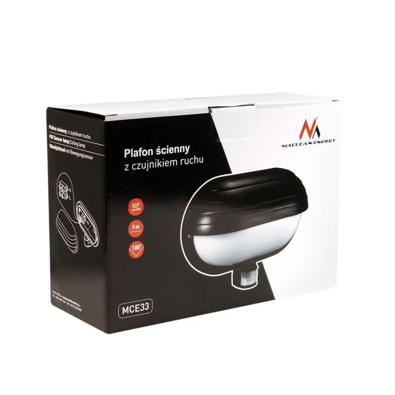 Plafon ścienny Maclean MCE33B z czujnikiem ruchu PIR 60W 180° czarny