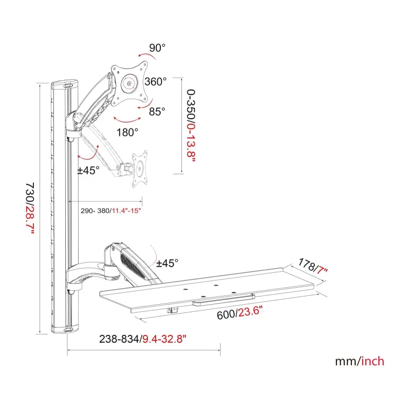 Ramię naścienne pojedyncze DIGITUS, 1xLCD + klawiatura, max. 27" i 8kg,