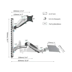 Ramię naścienne pojedyncze DIGITUS, 1xLCD + klawiatura, max. 27" i 8kg,