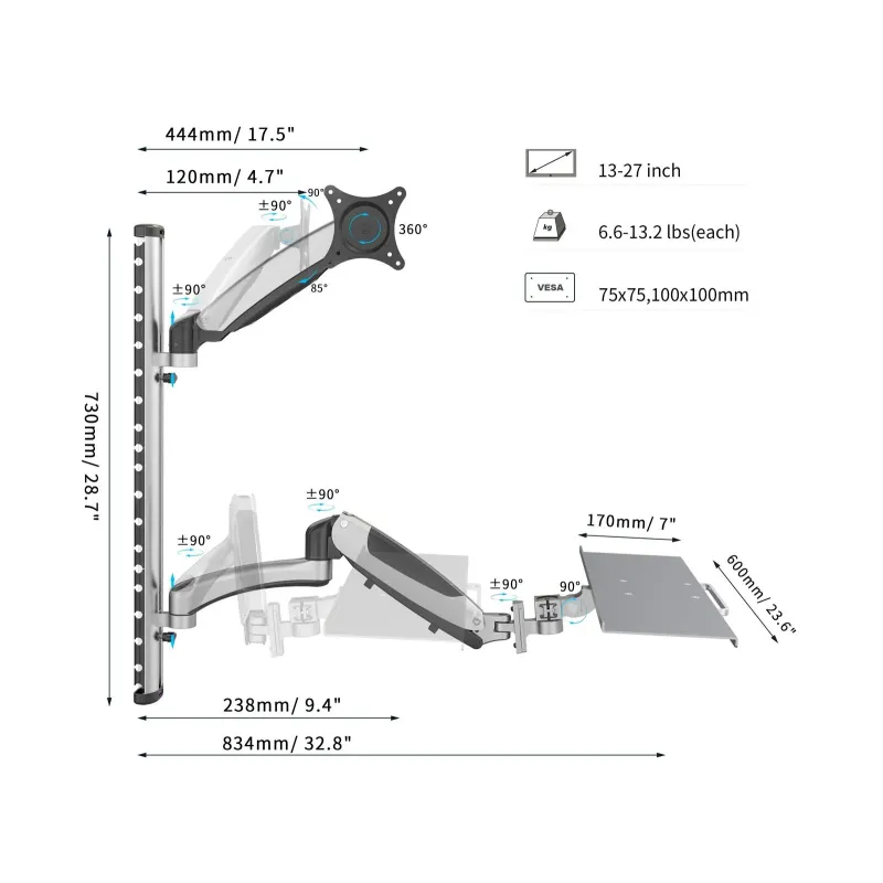 Ramię naścienne pojedyncze DIGITUS, 1xLCD + klawiatura, max. 27" i 8kg,