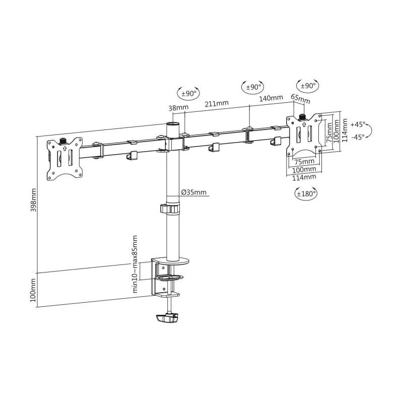 Uchwyt biurkowy podwójny (zacisk) DIGITUS 2xLCD max. 32"max. 2x 8kg