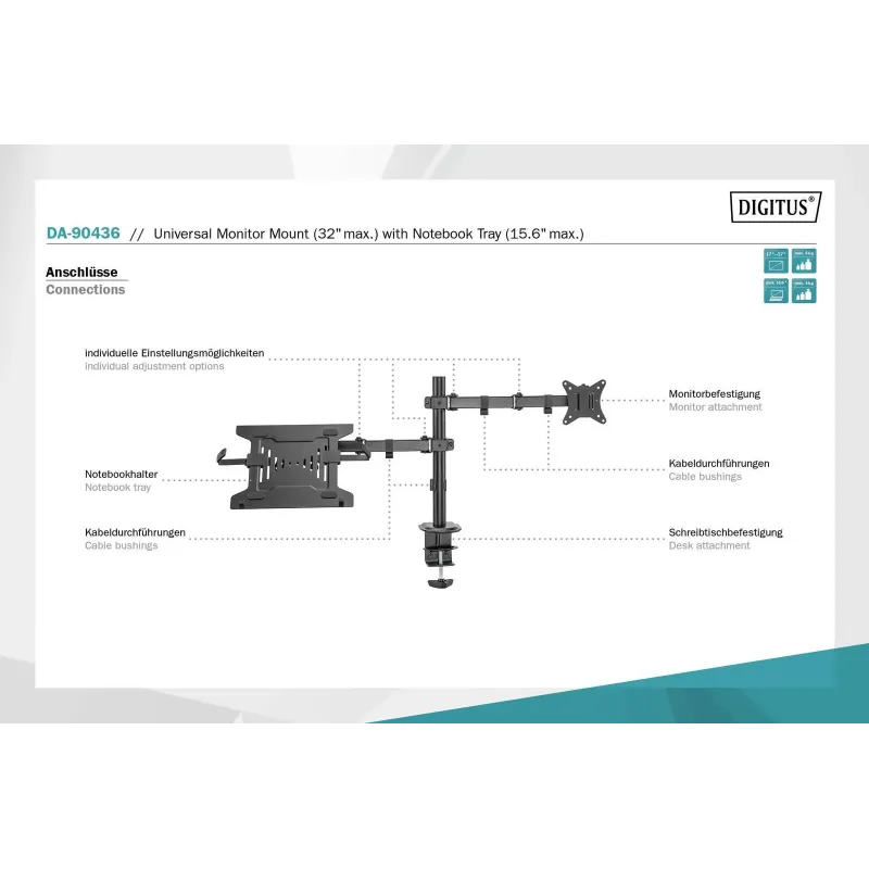 Uchwyt biurkowy DIGITUS podwójne ramię na 1xLCD 32" 4kg, 1xNotebook 15,4"