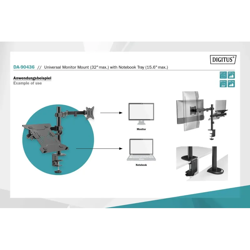 Uchwyt biurkowy DIGITUS podwójne ramię na 1xLCD 32" 4kg, 1xNotebook 15,4"