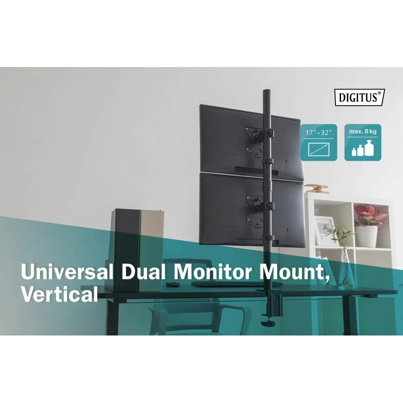 Uchwyt biurkowy DIGITUS pionowy 2xLCD max. 32" 8kg, zaciskowy czarny
