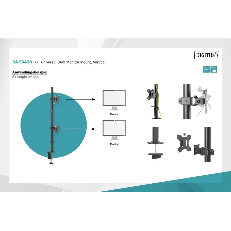 Uchwyt biurkowy DIGITUS pionowy 2xLCD max. 32" 8kg, zaciskowy czarny