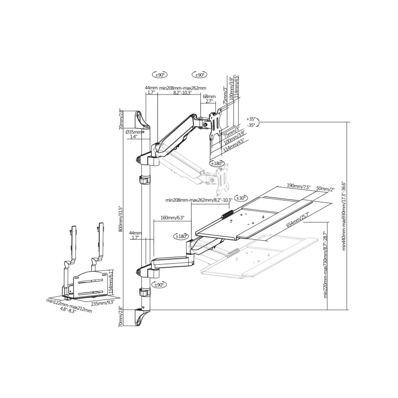 Ramię naścienne pojedyncze DIGITUS LCD+klawiaturamax.32"max. 8kg