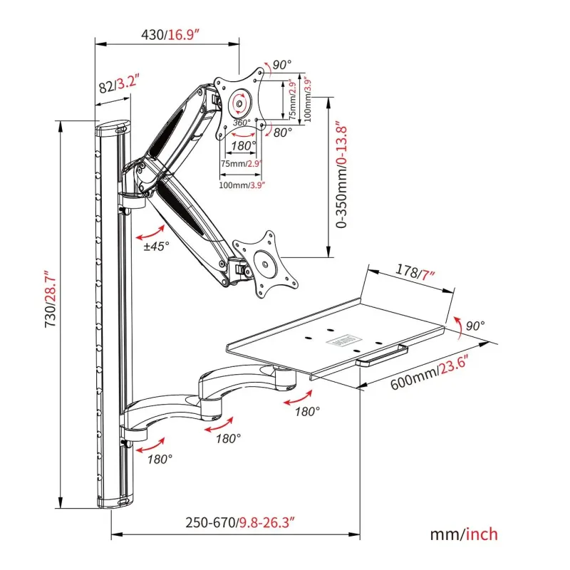 Ramię naścienne pojedyncze DIGITUS 1xLCD + klawiatura, max. 32" i 8kg