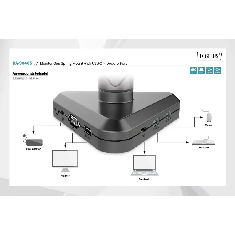 Ramię biurkowe pojedyńcze z zaciskiem DIGITUS 1xLCD z sprężyną gazową i