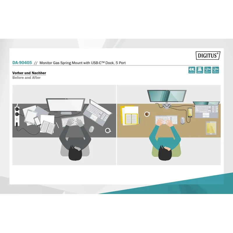 Ramię biurkowe pojedyńcze z zaciskiem DIGITUS 1xLCD z sprężyną gazową i