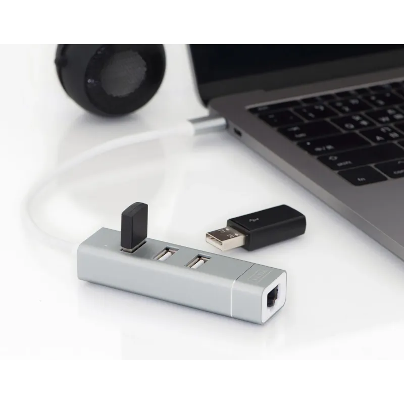 Hub/Koncentrator 3-portowy DIGITUS USB 2.0 HighSpeed Typ C z Fast Ethernet