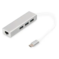 HUB/Koncentrator DIGITUS 3-portowy USB Typ C, USB A HighSpeed z Gigabit LAN