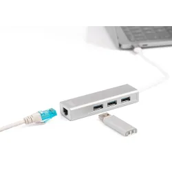 HUB/Koncentrator DIGITUS 3-portowy USB Typ C, USB A HighSpeed z Gigabit LAN