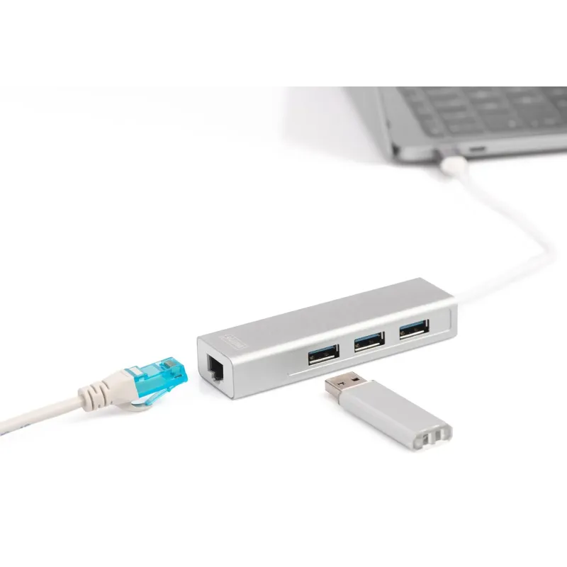 HUB/Koncentrator DIGITUS 3-portowy USB Typ C, USB A HighSpeed z Gigabit LAN