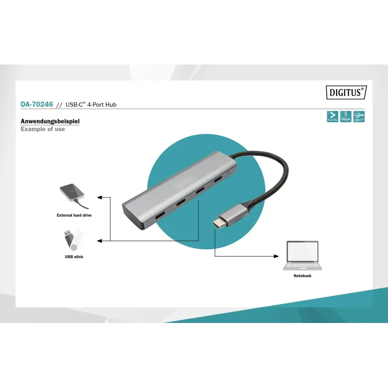 Hub USB Typ C DIGITUS 4-portowy 4x USB Typ C aluminium 5Gbps