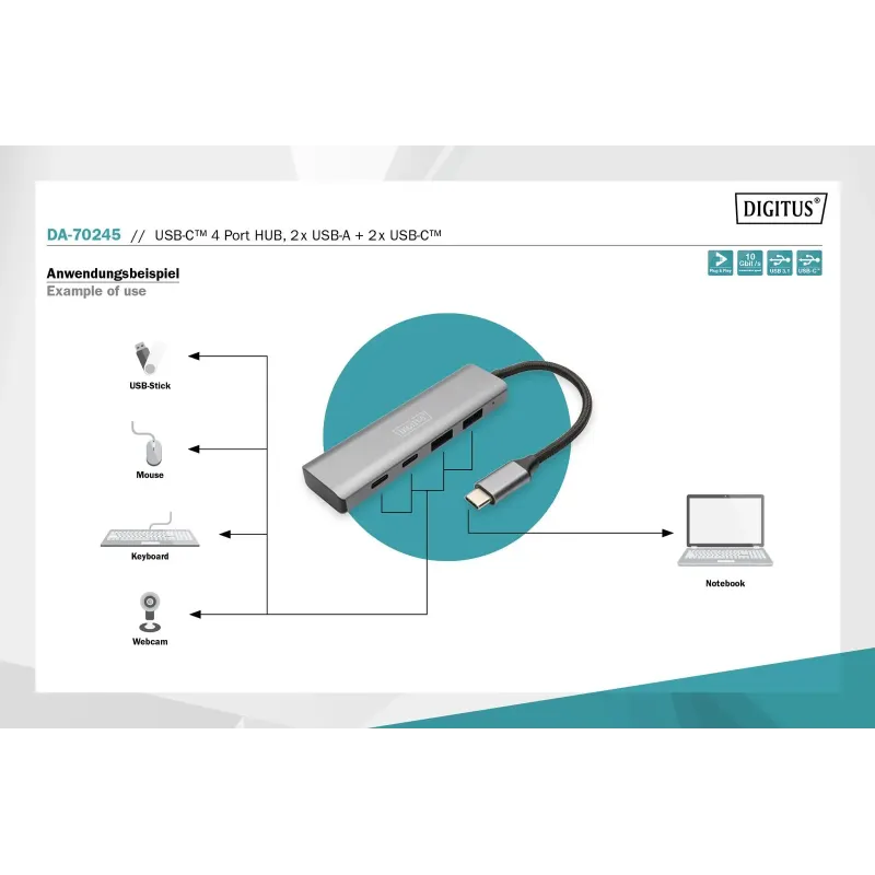 Hub USB Typ C DIGITUS 4-portowy 2x USB-A, 2x USB-C alu... | PartsPC.pl