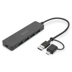Hub USB 3.0/Koncentrator DIGITUS 4-portowy SlimLine USB A + adapter USB-C