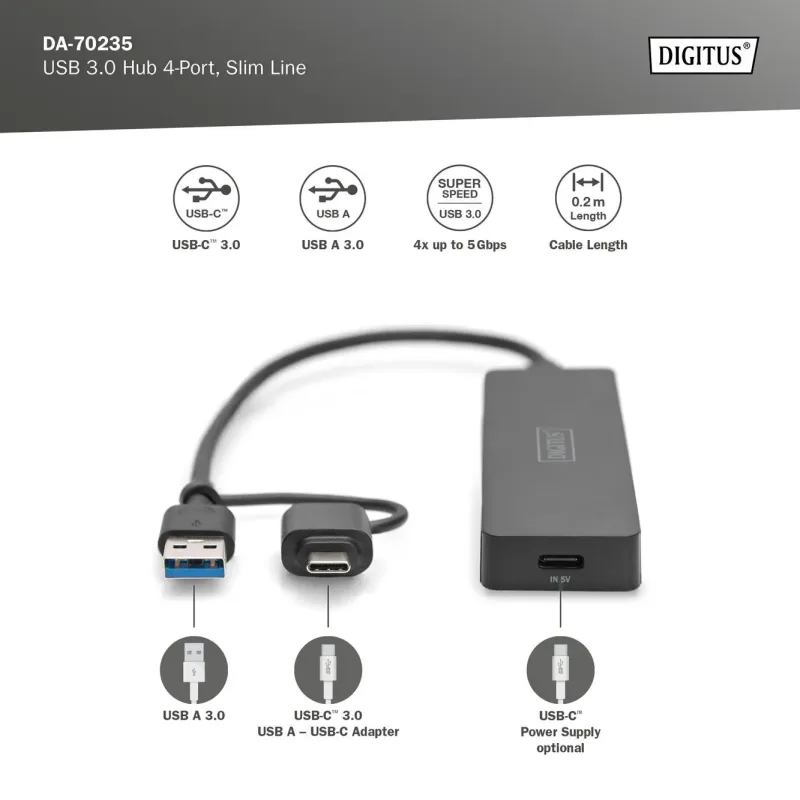 Hub USB 3.0/Koncentrator DIGITUS 4-portowy SlimLine USB A + adapter USB-C