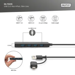 Hub USB 3.0/Koncentrator DIGITUS 4-portowy SlimLine USB A + adapter USB-C