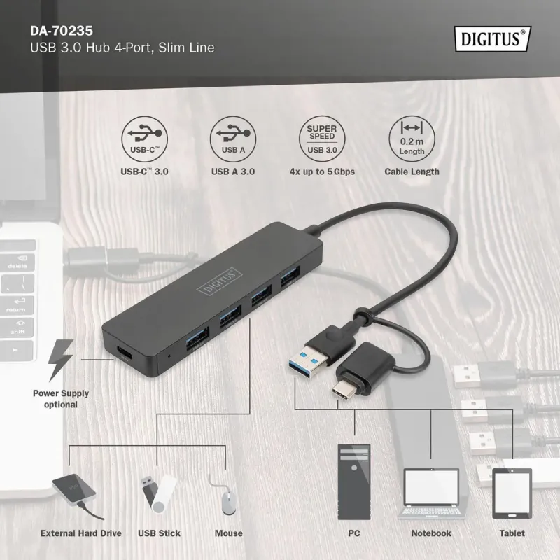 Hub USB 3.0/Koncentrator DIGITUS 4-portowy SlimLine USB A + adapter USB-C