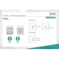 Ładowarka sieciowa DIGITUS zasilacz GaN 2x USB-C PD 3.0 max. 65W biała