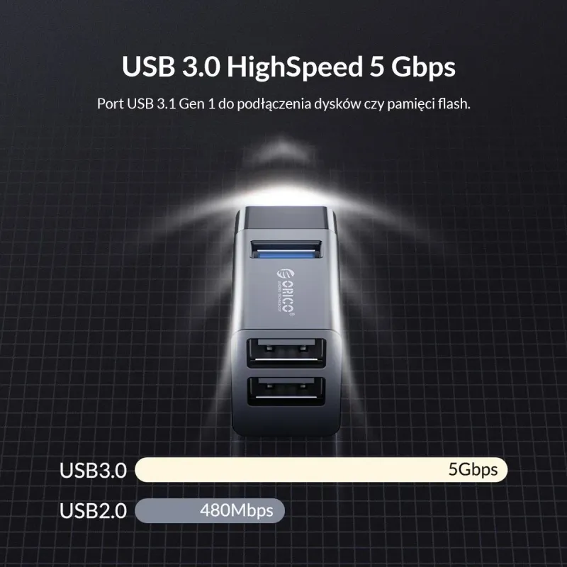 Hub USB Orico MINI-U32L-BK-BP 3 porty USB-A 3.0 + 2.0 alumin… | PartsPC.pl