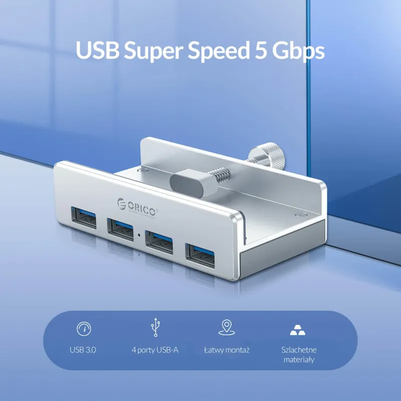 Hub USB Orico MH4PU-P-SV-BP 4x USB-A, 5Gbps, aktywny, biurkowy