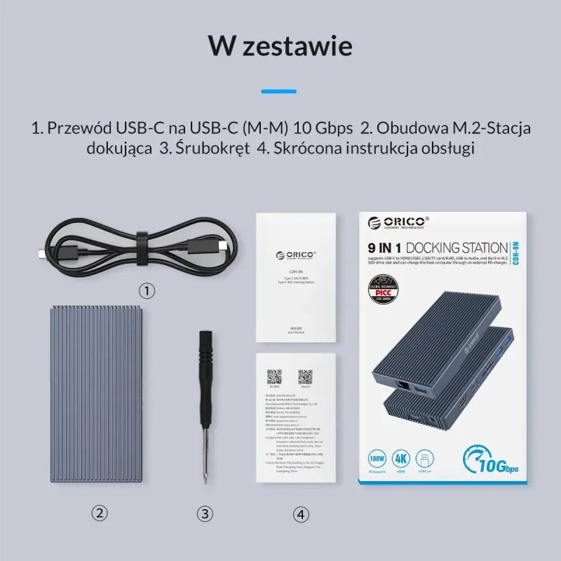Stacja dokująca dysku M.2 z portami 9w1 Orico CDH-9N-GY-BP