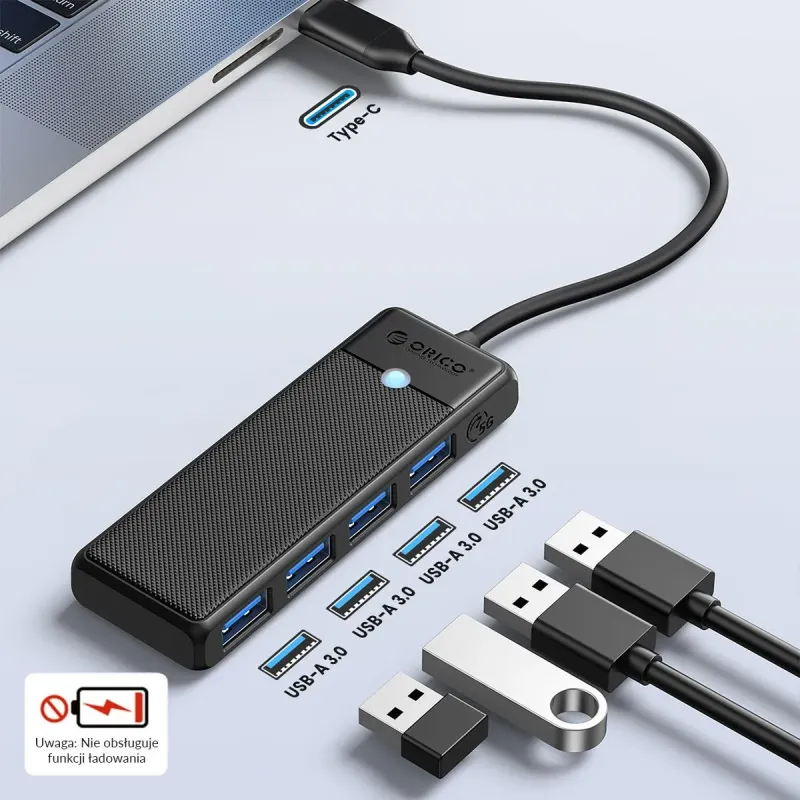HUB USB-C Orico PAPW4A-C3-015-BK-EP 4 x USB-A 3.0 5Gbps, cza… | PartsPC.pl