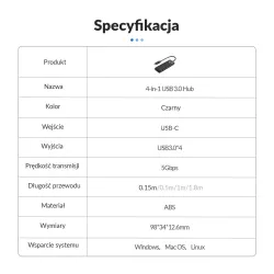 HUB USB-C Orico PAPW4A-C3-015-BK-EP 4 x USB-A 3.0 5Gbps, cza… | PartsPC.pl