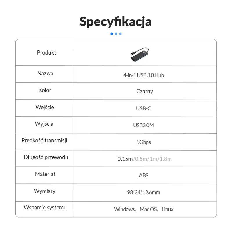 HUB USB-C Orico PAPW4A-C3-015-BK-EP 4 x USB-A 3.0 5Gbps, cza… | PartsPC.pl