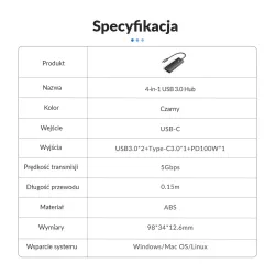 Hub USB-C Orico PAPW2AC-C3-015-BK-EP 2x USB-A, 2x USB-C, PD … | PartsPC.pl
